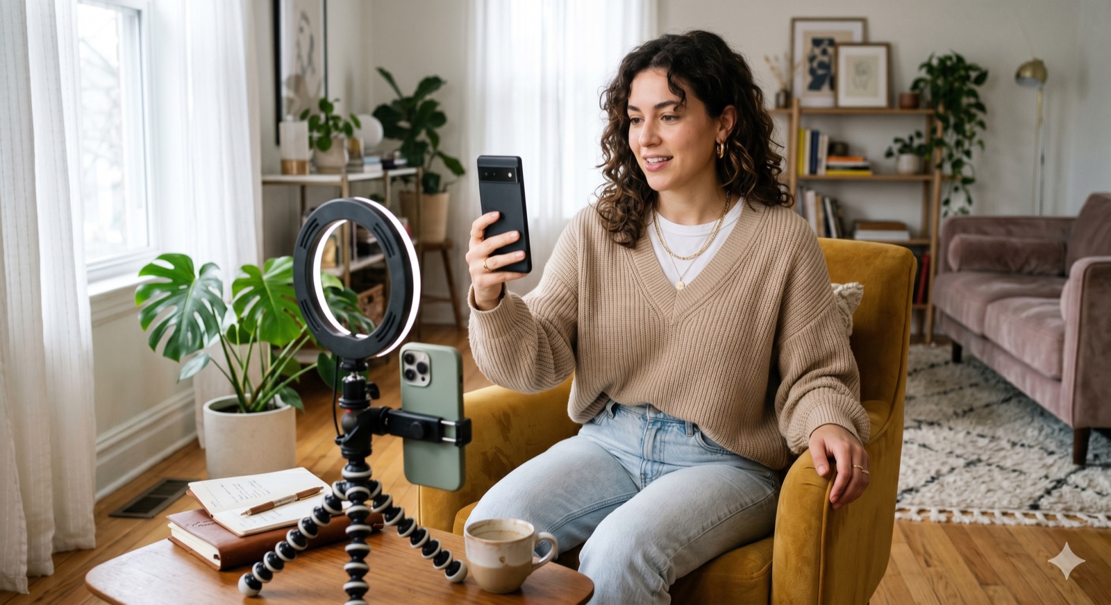 A content creator filming with a phone and ring light at home