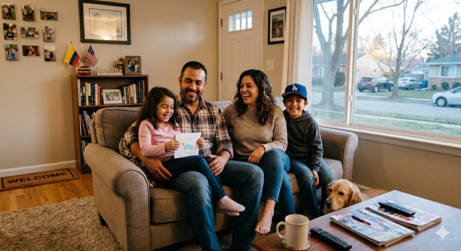 A family smiling together on the sofa at home